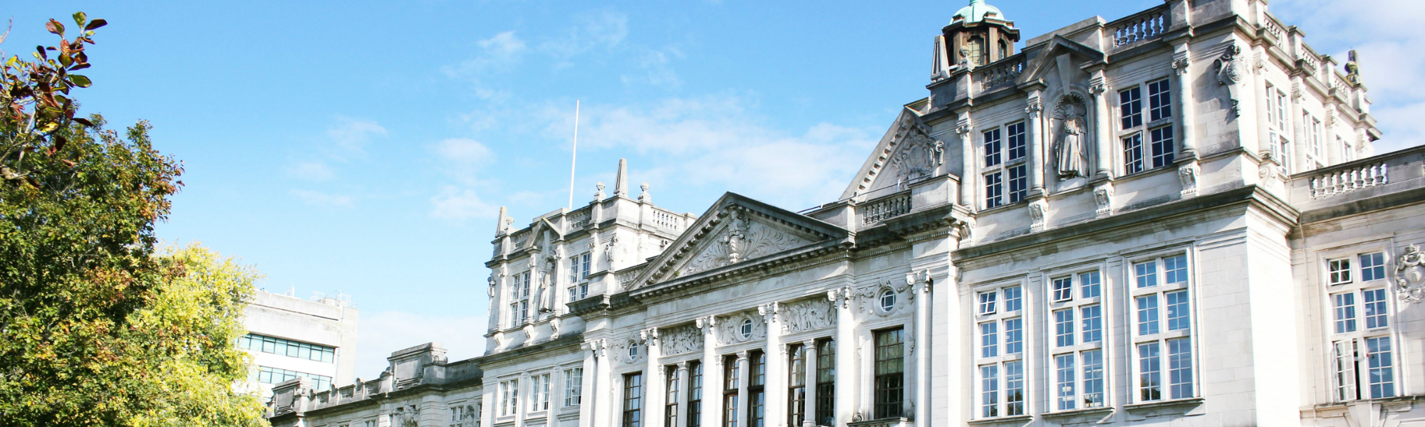 Cardiff University with a tree on the left and sky background